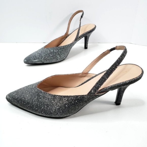 Ann Taylor Factory Shoes - Ann Taylor Sling Back Kitten Heel Sz 8.5 Silver metallic Low Heeled Event Shoes